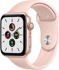 Image of Apple Watch SE 44 mm kast van goud aluminium met roze sportbandje [wifi + cellular] (Refurbished)
