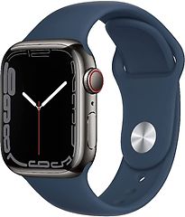 Image of Apple Watch Series 7 45 mm kast van grafiet roestvrij staal met afgrond blauw sportbandje [wifi + cellular] (Refurbished)