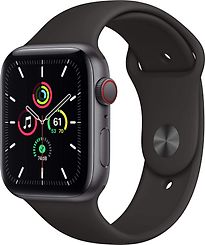 Image of Apple Watch SE 44 mm kast van spacegrijs aluminium met zwart sportbandje [wifi + cellular] (Refurbished)