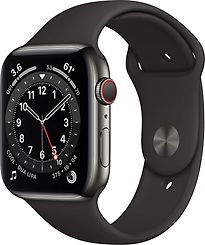 Image of Apple Watch Series 6 44 mm kast van grijs roestvrij staal met zwart sportbandje [wifi + cellular] (Refurbished)