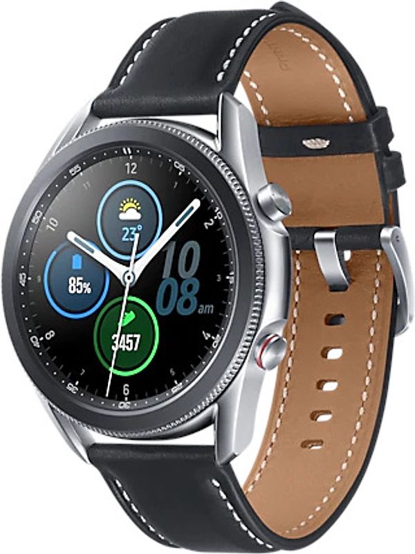 Rebuy Samsung Galaxy Watch3 45 mm roestvrijstalen behuizing zilver met zwarte leren polsband [Wifi + 4G] aanbieding