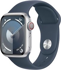 Image of Apple Watch Series 9 41 mm aluminium kast zilver op sportbandje S/M stormblauw [Wi-Fi + Cellular] (Refurbished)