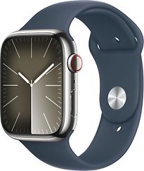 Apple Watch Series 9 45 Mm Boîtier Acier Inoxydable Argent Bracelet Sport M/L Bleu Orage [Wi-Fi + Cellulaire]