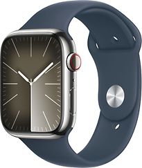 Image of Apple Watch Series 9 45 mm roestvrij stalen kast zilver op sportbandje M/L stormblauw [Wi-Fi + Cellular] (Refurbished)