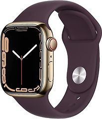 Image of Apple Watch Series 7 41 mm kast van goud roestvrij staal met donkerrood sportbandje [wifi + cellular] (Refurbished)