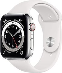 Image of Apple Watch Series 6 44 mm kast van zilver roestvrij staal met wit sportbandje [wifi + cellular] (Refurbished)