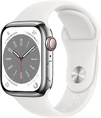Image of Apple Watch Series 8 41 mm kast van zilverkleurig roestvrij staal op wit geweven sportbandje [Wi-Fi + Cellular] (Refurbished)