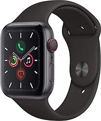 Image of Apple Watch Series 5 44 mm aluminium kast space grey op sportbandje zwart [wifi + cellular] (Refurbished)
