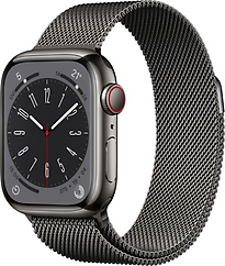 Apple Watch Series 8 41 mm kast van grafietkleurig roestvrij staal op op grafietkleurig Milanees bandje [Wi-Fi + Cellular]
