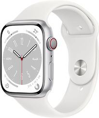 Image of Apple Watch Series 8 45 mm kast van zilverkleurig aluminium op wit geweven sportbandje [Wi-Fi + Cellular] (Refurbished)
