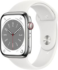 Image of Apple Watch Series 8 45 mm kast van zilverkleurig roestvrij staal op wit geweven sportbandje [Wi-Fi + Cellular] (Refurbished)