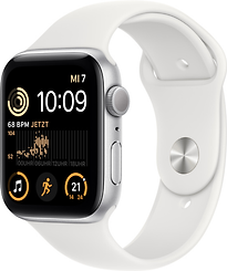 Apple Watch SE 2022 44 mm kast van zilverkleurig aluminium op wit geweven sportbandje [Wi-Fi]