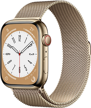 Apple Watch Series 8 45 mm Edelstahlgehäuse gold am Milanaise Armband gold  [Wi-Fi + Cellular]