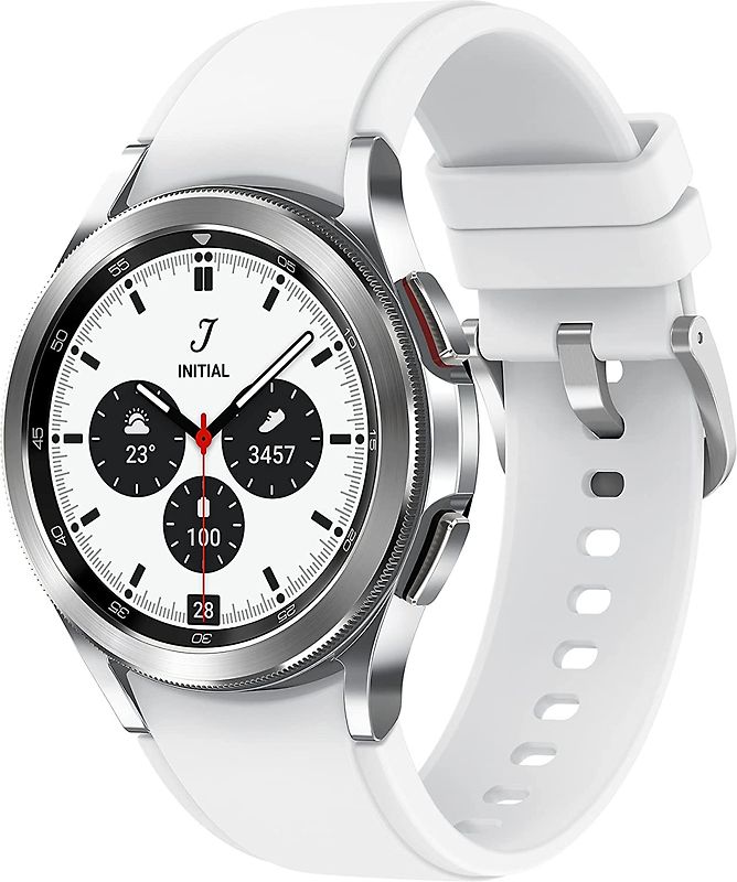 Rebuy Samsung Galaxy Watch4 Classic 42 mm Edelstahlgehäuse silber am Silikonarmband weiß [Wi-Fi] aanbieding