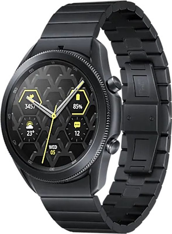 Rebuy Samsung Galaxy Watch3 45 mm titanium zwarte roestvrijstalen behuizing met zwarte metalen polsband [Wifi] aanbieding