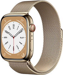 Image of Apple Watch Series 8 45 mm kast van goudkleurig roestvrij staal op goudkleurig Milanees bandje [Wi-Fi + Cellular] (Refurbished)