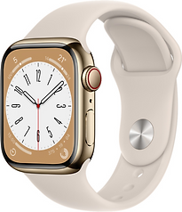 Image of Apple Watch Series 8 41 mm kast van goudkleurig roestvrij staal op wit geweven sportbandje [Wi-Fi + Cellular] (Refurbished)