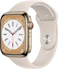 Apple Watch Series 8 45 mm Cassa in acciaio inossidabile colore oro con Cinturino Sport bianco [Wi-Fi + Cellular]