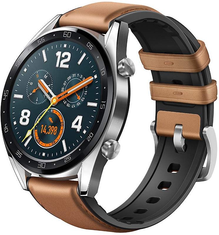 Rebuy Huawei Watch GT 46,5 mm zilver met lederen-siliconenarmband bruin aanbieding