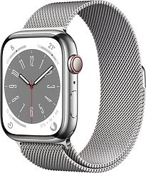 Image of Apple Watch Series 8 45 mm kast van zilverkleurig roestvrij staal op zilverkleurig Milanees bandje [Wi-Fi + Cellular] (Refurbished)