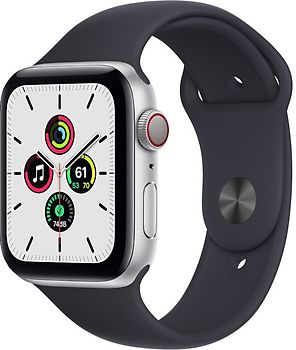 Refurbished Apple Watch SE 44 mm kast van zilver aluminium met zwart sportbandje wifi cellular kopen rebuy