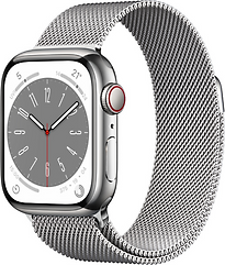 Apple Watch Series 8 41 mm kast van zilverkleurig roestvrij staal op zilverkleurig Milanees bandje [Wi-Fi + Cellular]